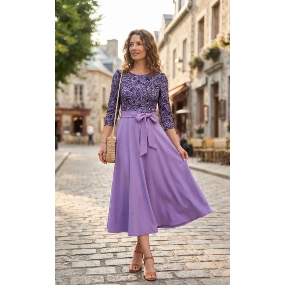 Elegant Lace Midi Dress 3/4 Sleeve line Flowy Cocktail Formal Wedding NWOT S
